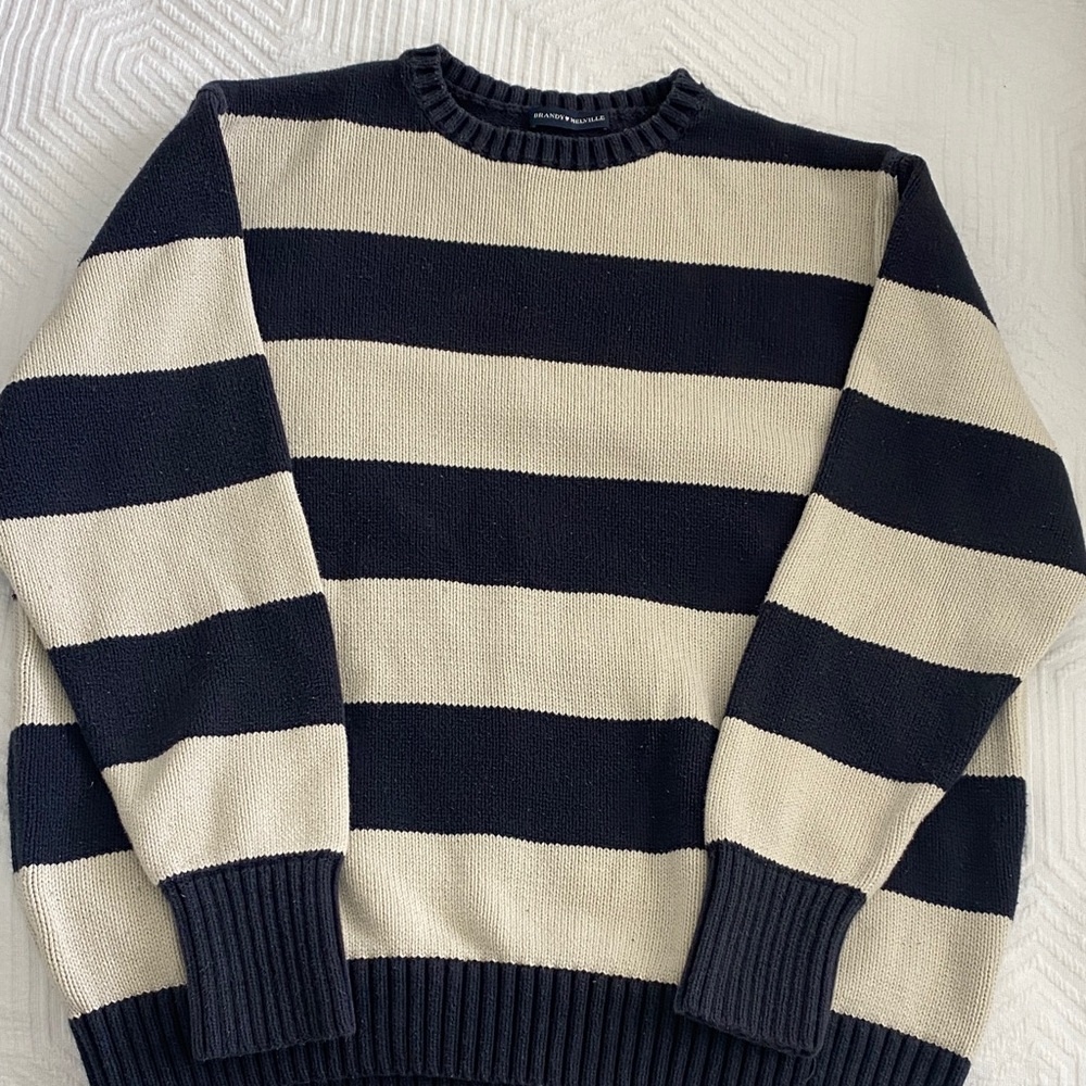 Brandy Melville Black and Cream Striped Crewneck Sweater